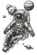 astronaut floating with planets in background black  tattoo design idea
