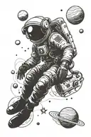 astronaut floating with planets in background black  tattoo design idea