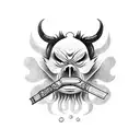 Oni with smoke blowing out of mouth stomach tattoo background with Japanese clouds tattoo design idea