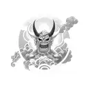 Oni with smoke blowing out of mouth stomach tattoo background with Japanese clouds tattoo design idea