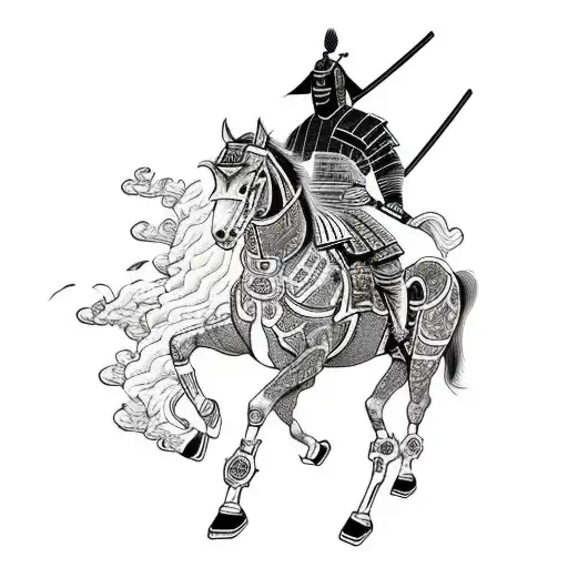 samurai on a horse whos feet are covered in flames with blade drawn tattoo design idea