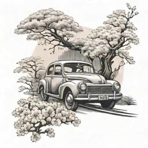A vintage car driving through a Japanese garden with cherry blossoms tattoo design idea