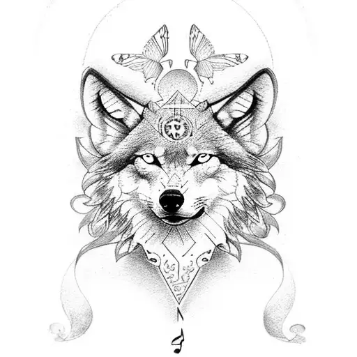 A trail of musical notes forming the shape of Poland, with a wolf and butterfly perched on top tattoo design idea