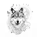 A trail of musical notes forming the shape of Poland, with a wolf and butterfly perched on top tattoo design idea