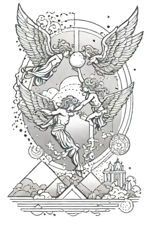 geometric horizon with angels fighting  tattoo design idea