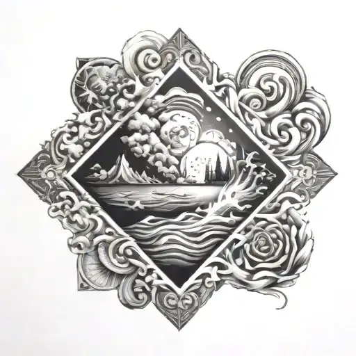 fire,water,air,earth,sky in square inside tattoo design idea