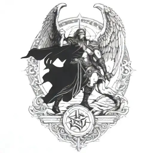 A Norse god battling a fallen angel in a historical US setting tattoo design idea