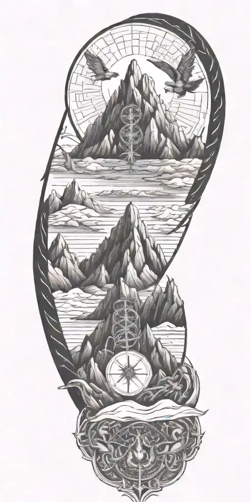 fallen angel battling angel mountain range, with Norse symbols in the background tattoo design idea