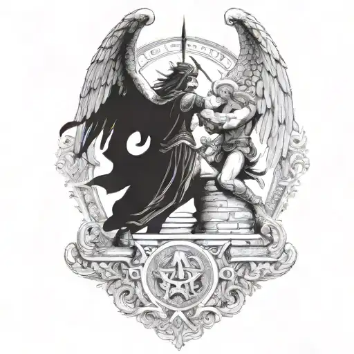 A Norse god battling a fallen angel in a historical US setting tattoo design idea