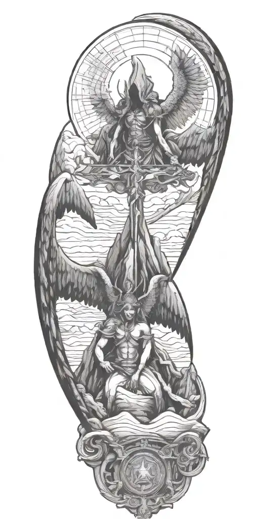 fallen angel battling angel, mountain range tattoo design idea
