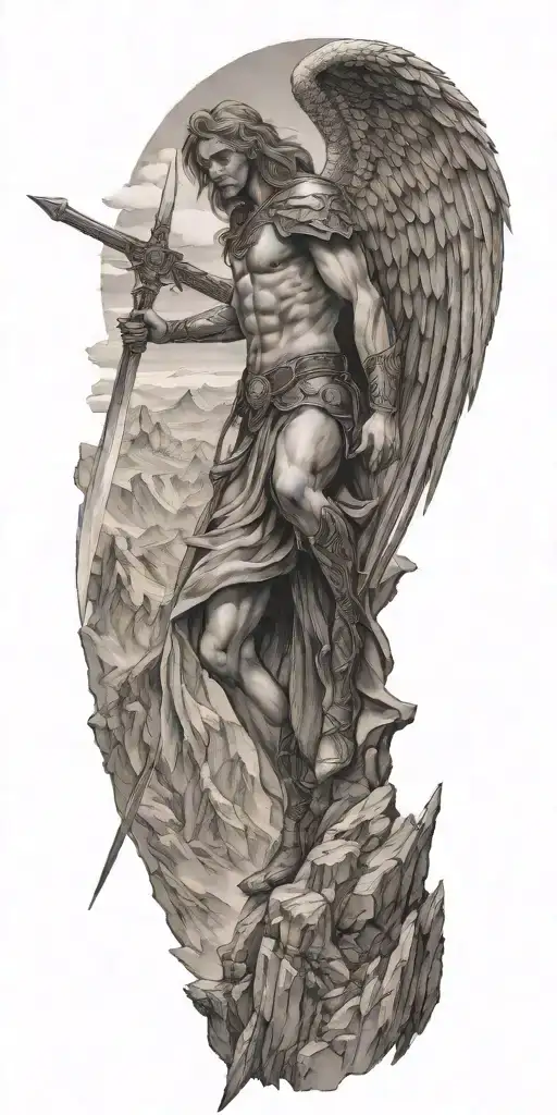 A warrior angel wielding a sword, standing atop a mountain peak, showcasing the client's interest in fallen angels and mountains tattoo design idea