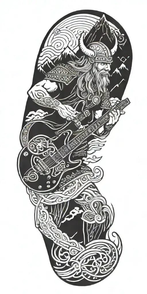 A Viking warrior playing an electric guitar in front of a mountain range, with Norse symbols in the background tattoo design idea