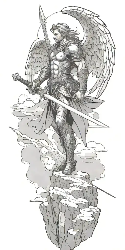 A warrior angel wielding a sword, standing atop a mountain peak, showcasing the client's interest in fallen angels and mountains tattoo design idea