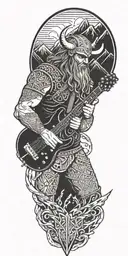 A Viking warrior playing an electric guitar in front of a mountain range, with Norse symbols in the background tattoo design idea