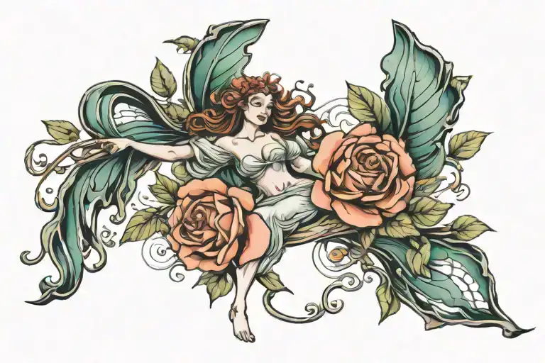 A tattoo design inspired by the abduction of Proserpina sculpture, incorporating elements of nature and music tattoo design idea