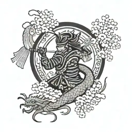 samurai, sakura, sun, dragon intertwined tattoo design idea