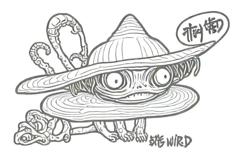 alien in chinese hat "stay weird" written across hat tattoo design idea