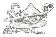 alien in chinese hat "stay weird" written across hat tattoo design idea