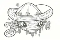 alien in chinese hat "stay weird" written across hat tattoo design idea