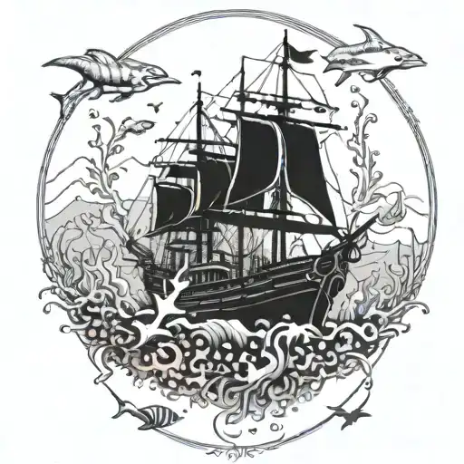 An intricate underwater scene with a majestic ship sailing through the depths, surrounded by colorful marine life tattoo design idea