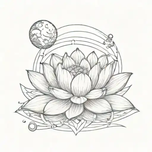 lotus flower and the moon and lines connecting various tattoo design idea