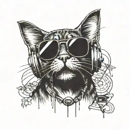 A tattoo of a cat wearing sunglasses and headphones, rocking out to a music festival featuring Dave Grohl, Kurt Cobain, and Brandon Boyd as headliners tattoo design idea
