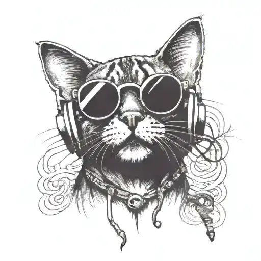 A tattoo of a cat wearing sunglasses and headphones, rocking out to a music festival featuring Dave Grohl, Kurt Cobain, and Brandon Boyd as headliners tattoo design idea