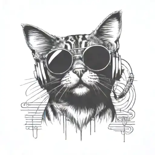 A tattoo of a cat wearing sunglasses and headphones, rocking out to a music festival featuring Dave Grohl, Kurt Cobain, and Brandon Boyd as headliners tattoo design idea
