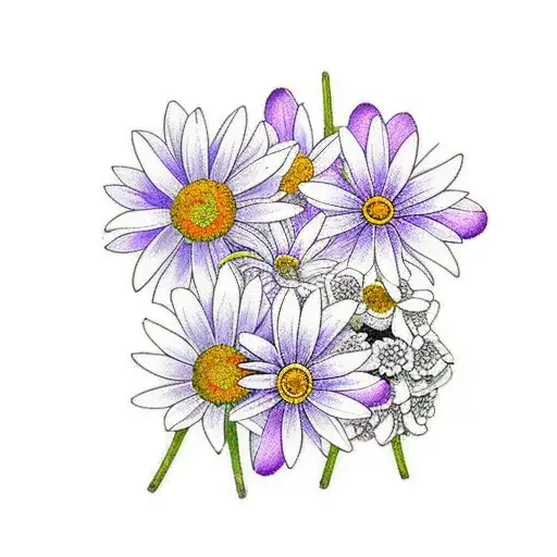 daisy with violet and narcissus bouquet tattoo design idea