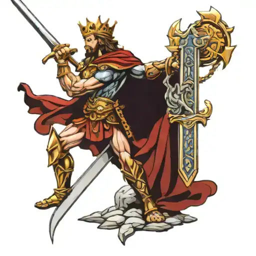 Christian with King David as a warrior wielding a sword and sling looking to God in heaven tattoo design idea