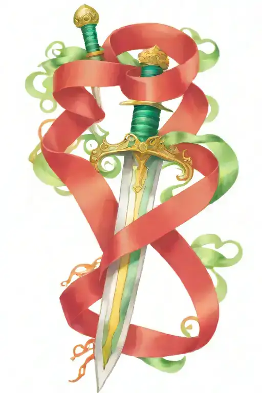 longsword garish jeweled hilt facing down with emerald green ribbon flowing around tattoo design idea