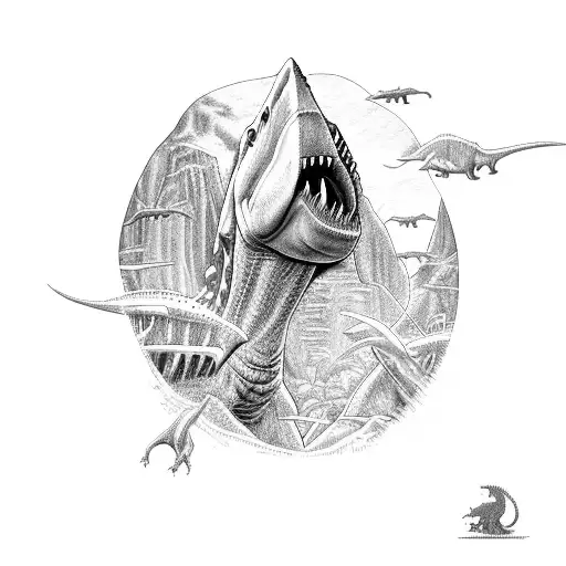 jurassic park, jaws, the iron giant, dinosaur bones tattoo design idea