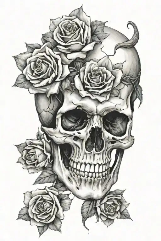 skull with no jaw 45° and 3 roses tattoo design idea