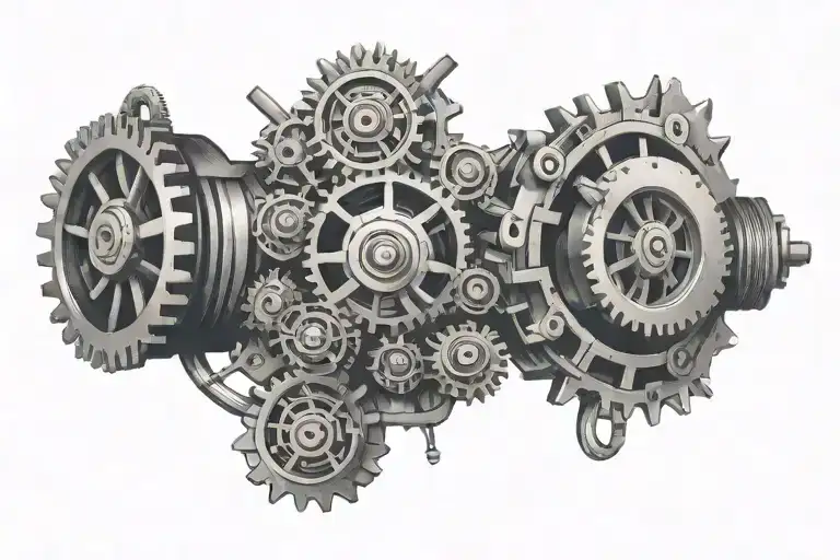 A tattoo of a car engine with gears that are shaped like laughing faces tattoo design idea