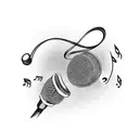 A microphone with musical notes swirling around it like a ribbon tattoo design idea