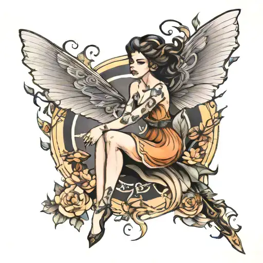 fineline fairy flying tattoo design idea