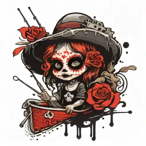 chibi illustration catrina fishing scene tattoo design idea