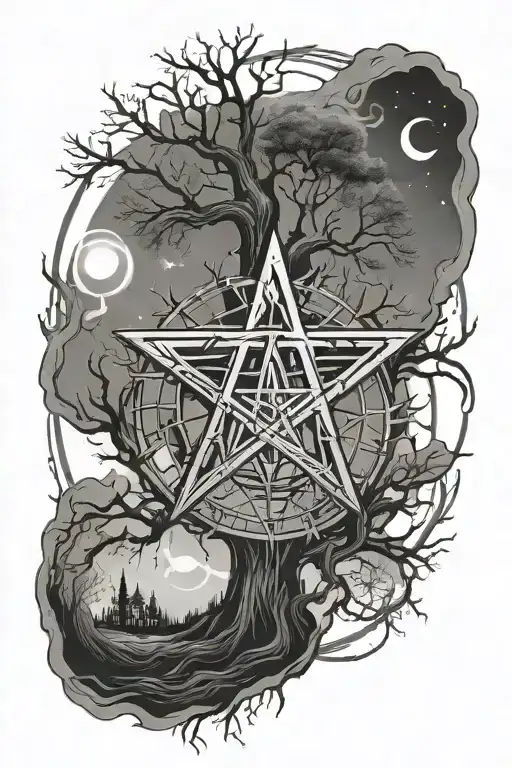 big living and dead trees pentagrams in the night tattoo design idea