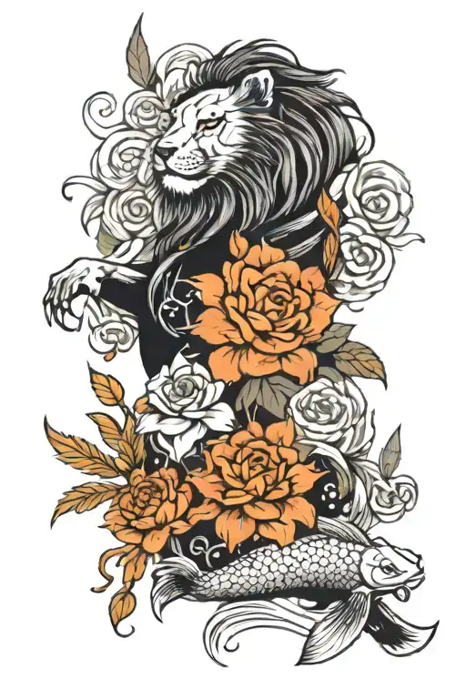 Roman numerals lion roses koi fish tattoo design idea