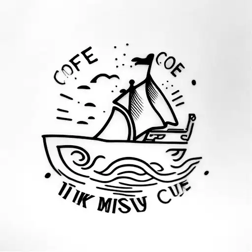 coffee cup that look like sunglasses with a ship and book and mountains tattoo design idea