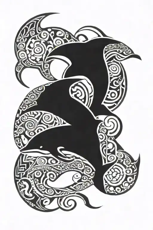 Maori inspired design incorporating symbols of Dolphin, Shark, Tortoise, Manta Ray and Whale. Right Shoulder. tattoo design idea