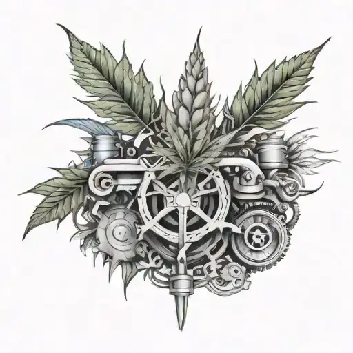 Design a tattoo of a cannabis leaf intertwined with intricate car engine parts tattoo design idea
