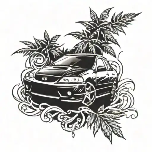 A tribal-style tattoo of a Honda Civic 6 racing through a jungle filled with marijuana plants tattoo design idea