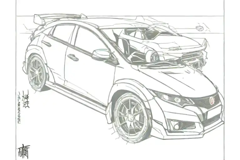 Hybrid of a car and a frog. A Honda Civic 6 Type R car with frog body elements. tattoo design idea