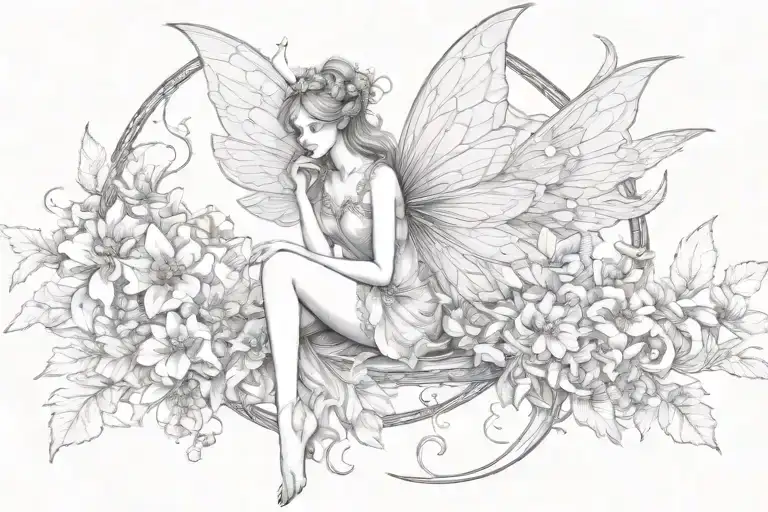 Fairy Design  A small, delicate fairy with intricate wings, perhaps sitting on a crescent moon or surrounded by flowers. tattoo design idea