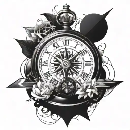 Half a clock with half a compass clashing tattoo design idea