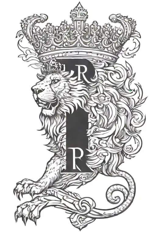 heraldic lion with letter R crown above lion tattoo design idea