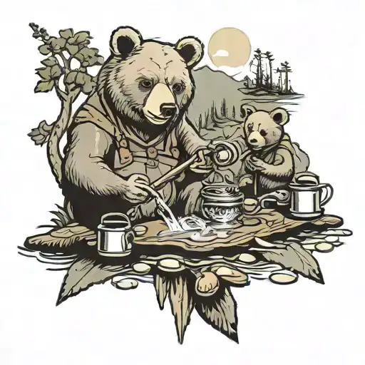A new-school style tattoo of a bear family fishing by a river, with a cozy campsite and a pot of stew cooking over the fire to showcase the client's passion for camping and cooking tattoo design idea