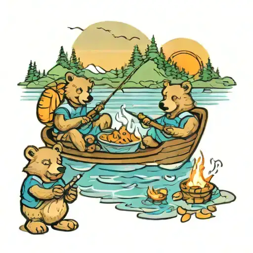A new-school style tattoo of a bear family fishing by a river, with a cozy campsite and a pot of stew cooking over the fire to showcase the client's passion for camping and cooking tattoo design idea