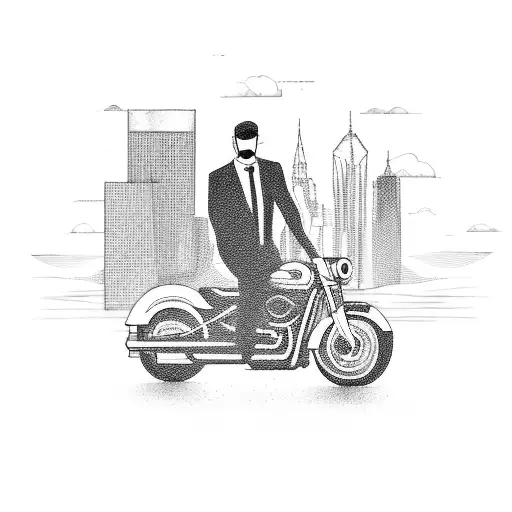 A businessman riding a motorcycle through a city skyline tattoo design idea